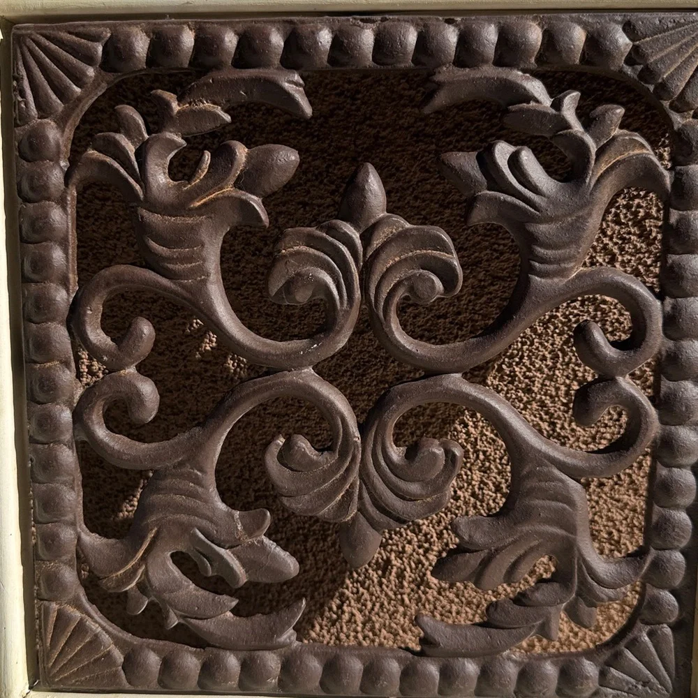 Vintage Wrought Iron Wall Art 14x14 Brown Scroll Cream Wood Tuscan Traditional
